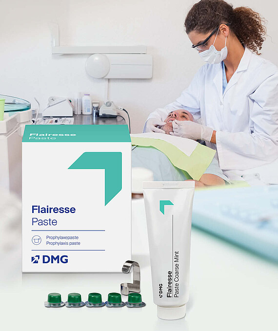 Flairesse Paste product image with a dental treatment taking place in the background. 